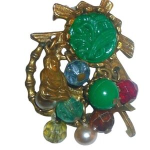 Vtg ART Arthur Pepper Asian Pagoda Dangle Earrings Faux Carved Jade Buddha